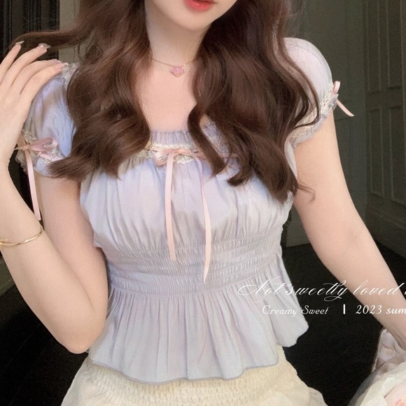 Pastel Blue Japanese Kawaii Cottage Ruffle Pink Ribbon Bow Princess Blouse Top
